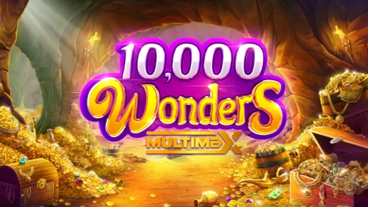 Captura de tela do jogo 10,000 Wonders Multimax, mostrando rolos vibrantes com símbolos temáticos orientais e um cenário exótico ao fundo.